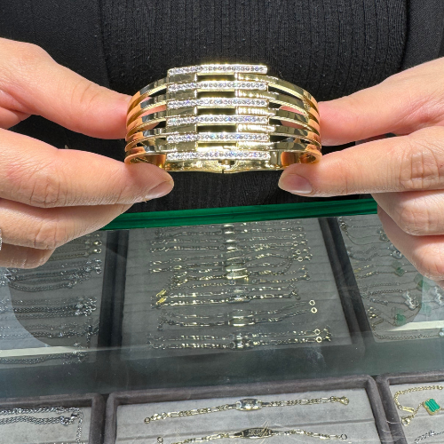 Mila Çelik Taşlı 6 Sıra Kaburga Gold Kelepçe