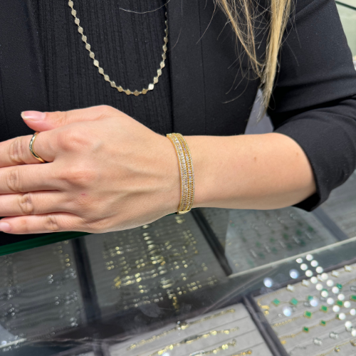 Mila Özel Zirkon Gold Taşlı Çİft Sıra Baget Taşlı Kelepçe