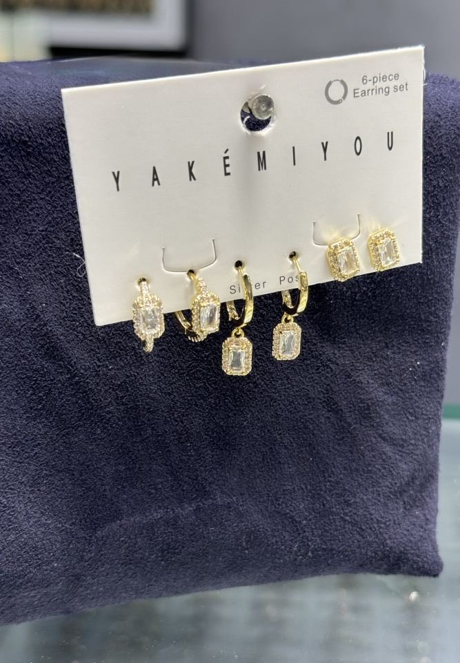 Mila 14 Ayar Rengi Kare Baget Mix Model 6lı Set Küpe