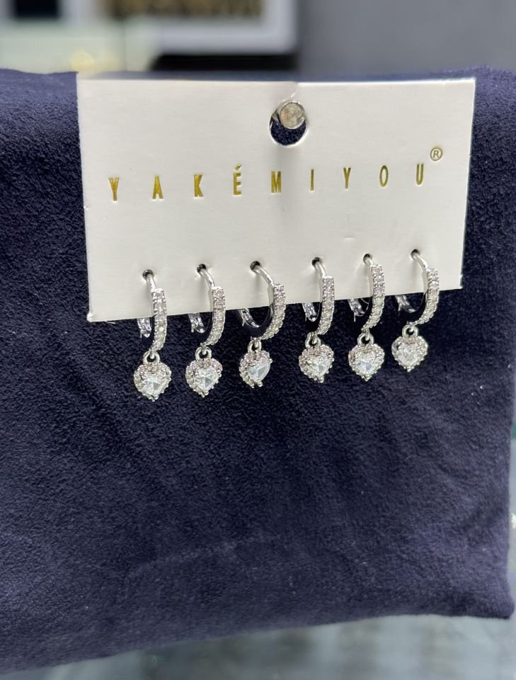 Mila 14 Ayar Rengi Gümüş Renk Kalp  Model 6lı Set Küpe